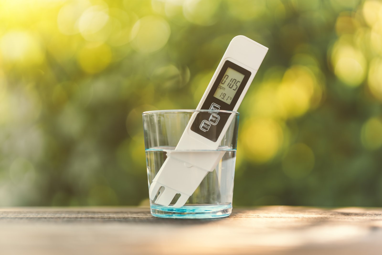 Electronic pH meter in a glass of water. TDS measurement of water. poor water quality, high values of salt impurities, blurred background of nature
