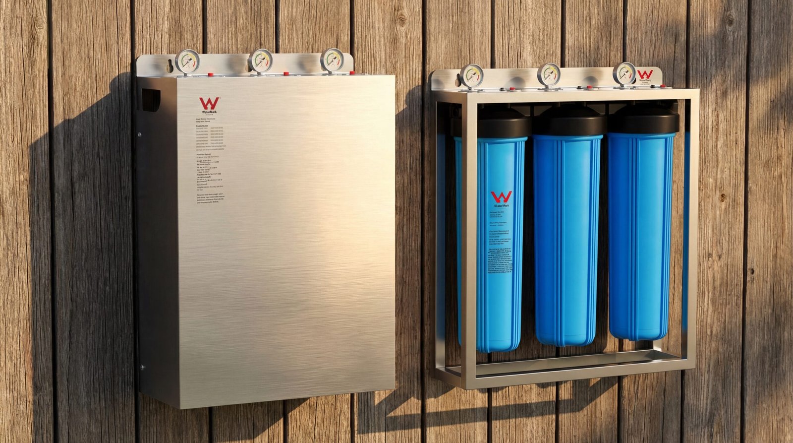 Installed on a timber screen, this whole house stainless steel water filter shows both external housing and internal filtration system.