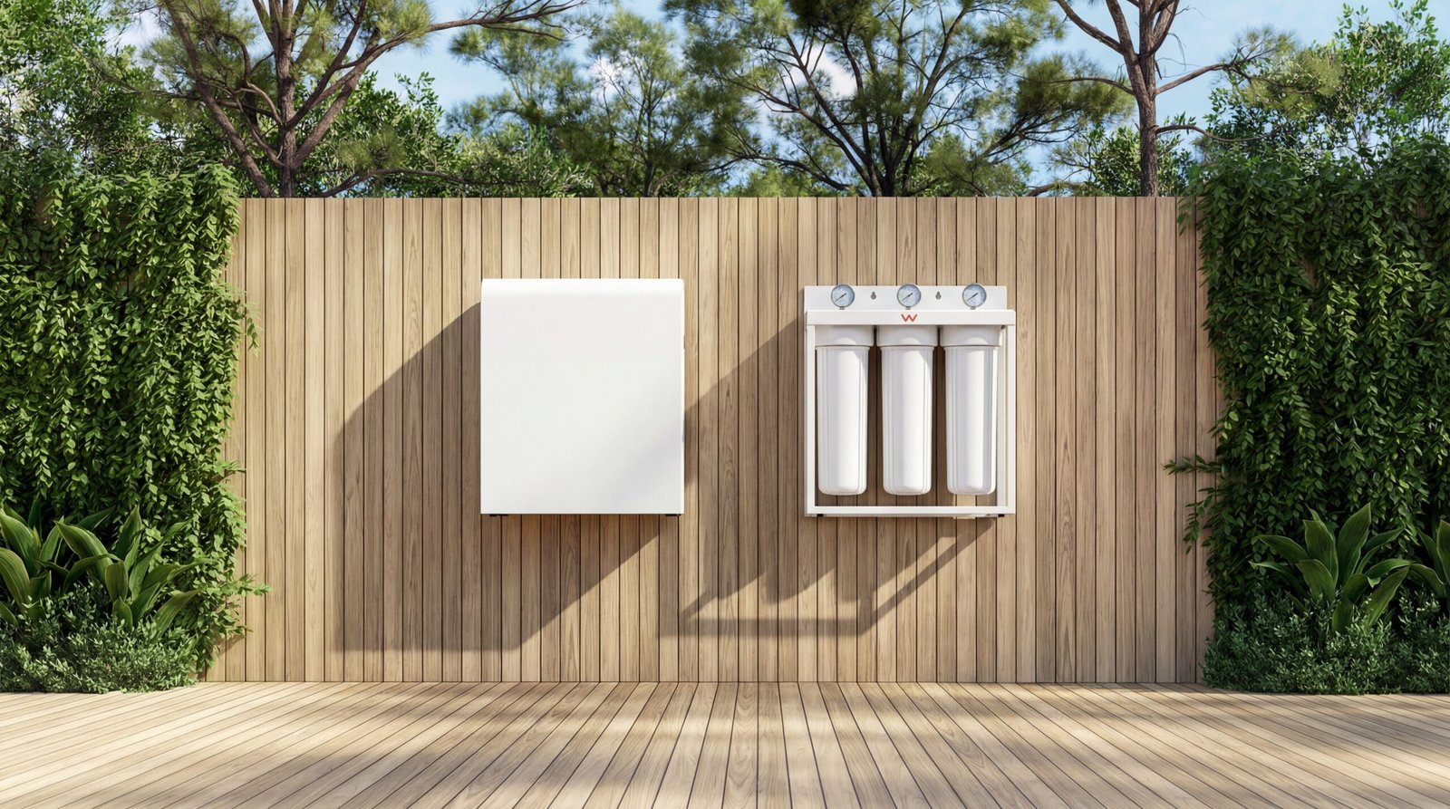 white powder coated Stainless steel whole house water filter installed on a timber screen, showing both the external cover and internal filtration components