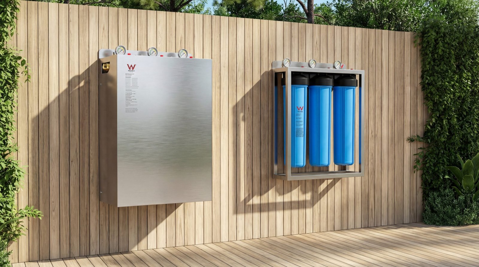 Stainless steel whole house water filter installed on a timber screen, showing both the external cover and internal filtration components