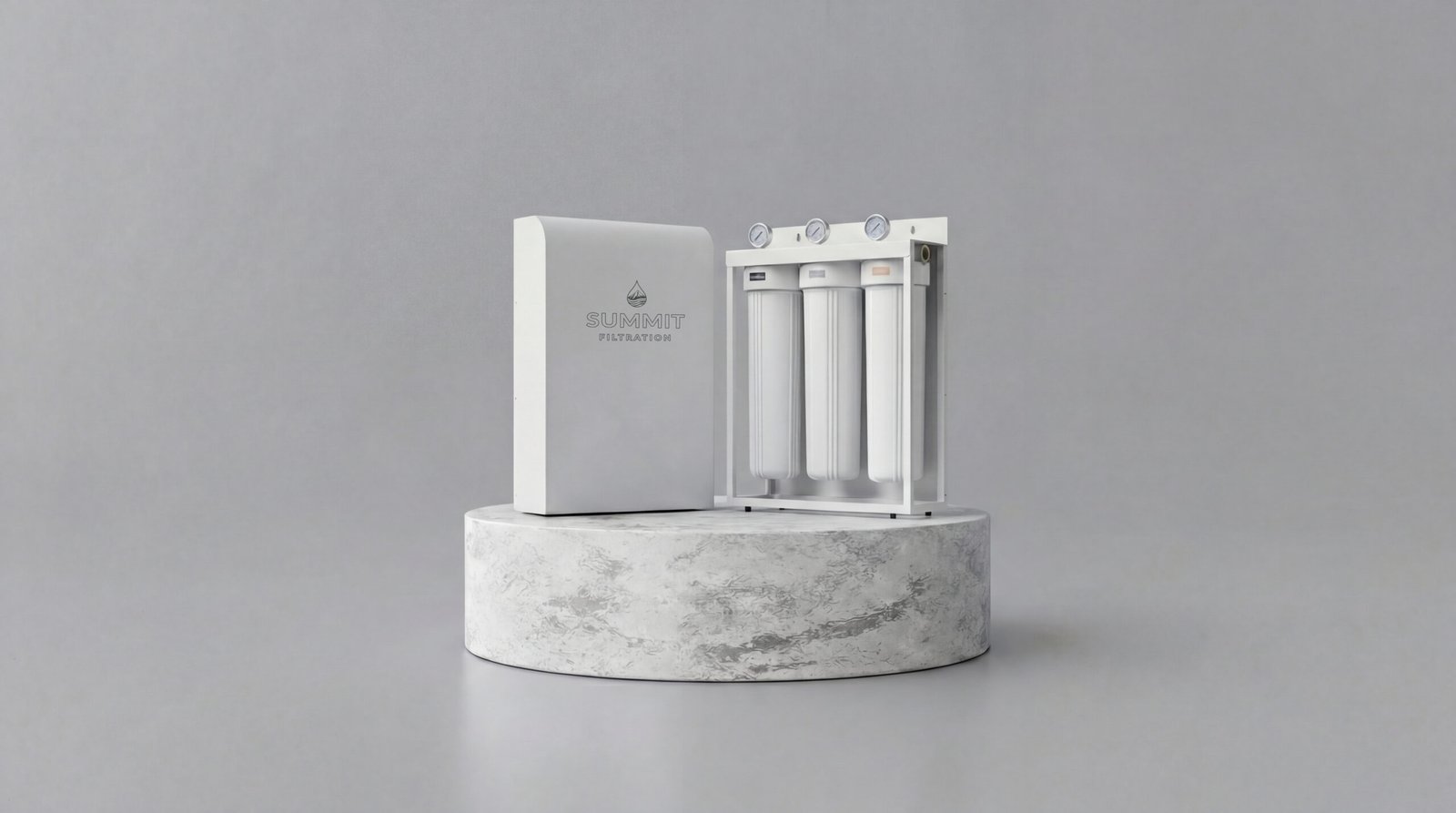 open and closed whole house water filter system on a marble podium on top of a concrete slab, there is a white powder coated water filter, and the inside stainless steel whole house water filter