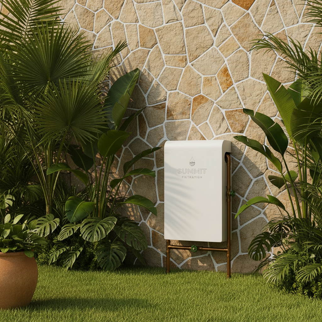 whole house water filter on crazy pave wall, i0